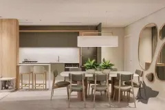sala jantar panorâmica cozinha verde 8 cadeiras espelhos orgânicos parede — Neo Continente em Estreito, Florianópolis