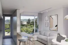 living integrado sofá cinza bancada madeira banquetas varanda vista mata verde pendente branco cão decorativo — Next Trindade em Trindade, Florianópolis