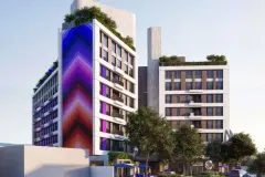 fachada render torre chevrons roxo rosa azul fachada madeira varandas escuras torres — Next Trindade em Trindade, Florianópolis