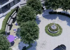 praça interna ângulo alternativo árvore pufes roxos guarda-sol banco chafariz jardim carro fachada — Next Trindade em Trindade, Florianópolis