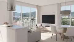 sala TV integrada cozinha ilha granito bancos sofá varanda vista cidade montanhas — Next Trindade em Trindade, Florianópolis
