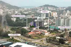 mapa aéreo localização bairro Trindade pins Hospital Universitário av. Beira-Mar av. Madre Benvenuta Next — Next Trindade em Trindade, Florianópolis