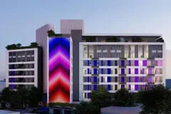 fachada noturna elemento chevrons iluminado rosa vermelho azul varandas roxas fachada branca lateral — Next Trindade em Trindade, Florianópolis