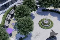 área lazer praça interna pufes roxos guarda-sol roxo banco concreto chafariz jardim fachada — Next Trindade em Trindade, Florianópolis