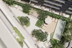 implantação vista aérea piscina deck jardim pergolado varandas mesas externas — Next Trindade em Trindade, Florianópolis