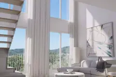 living duplex pé duplo sofá escrivaninha quadro abstrato varanda escada vista cidade montanhas — Next Trindade em Trindade, Florianópolis