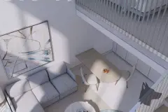 vista superior living duplex sofá mesa redonda frutas escada mezzanino — Next Trindade em Trindade, Florianópolis
