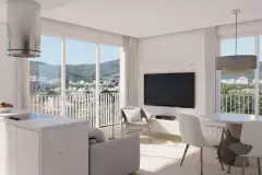 sala TV cozinha coifa cilíndrica sofá poltrona varanda vista montanhas cidade — Next Trindade em Trindade, Florianópolis