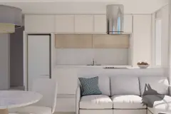 cozinha armários brancos madeira coifa sofá almofada geométrica azul vista lateral — Next Trindade em Trindade, Florianópolis