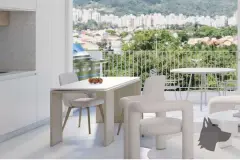 suíte sofá curvo branco cama cinza varanda bananeira cortinas translúcidas — Next Trindade em Trindade, Florianópolis