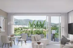 sala estar mesa jantar branca sofá poltrona xadrez varanda vista cidade montanhas — Next Trindade em Trindade, Florianópolis