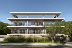 fachada render edifício 3 andares concreto claro sacadas vidro capim ornamental jardim árvore — Oazys em Santo Antônio de Lisboa, Florianópolis