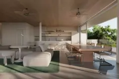 living integrado cozinha sala jantar mesa longa cadeiras rattan sofá teto madeira ventilador varanda — Oazys em Santo Antônio de Lisboa, Florianópolis