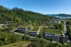 vista aérea drone implantação blocos telhado verde mata mar ilhas bairro ao fundo — Oazys em Santo Antônio de Lisboa, Florianópolis