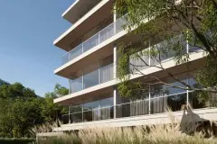 fachada lateral detalhe varandas sacadas vidro capim ornamental árvore — Oazys em Santo Antônio de Lisboa, Florianópolis