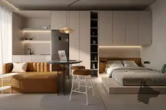 studio integrado sofá amarelo mesa home office bancada cozinha prateleiras iluminação embutida — Oazys em Santo Antônio de Lisboa, Florianópolis