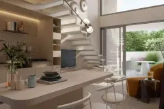 living duplex bancada cozinha escada flutuante prateleiras TV varanda jardim tropical — Oazys em Santo Antônio de Lisboa, Florianópolis