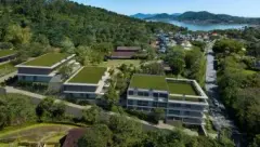 vista aérea ângulo lateral implantação telhado verde mar ilhas — Oazys em Santo Antônio de Lisboa, Florianópolis