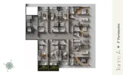 planta baixa Torre A primeiro pavimento studios e suítes garden varandas circulação elevador — Oazys em Santo Antônio de Lisboa, Florianópolis