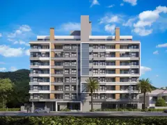 fachada render 9 andares varandas revestimento madeira platibanda branca palmeira casal rua — Oceanic Residence em Ingleses, Florianópolis