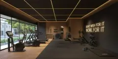 academia fitness esteiras bicicleta halteres barras teto LED frase motivacional janela jardim — Oceanic Residence em Ingleses, Florianópolis