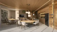 salão gourmet mesa oval mármore cadeiras teto madeira pendentes brancos cozinha integrada TV adega — Oceanic Residence em Ingleses, Florianópolis
