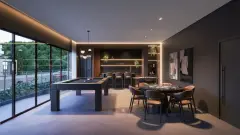 sala de jogos sinuca mesa pôquer cadeiras bar prateleiras plantas janela jardim iluminação escura — Oceanic Residence em Ingleses, Florianópolis