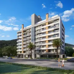 fachada ângulo lateral 9 andares varandas revestimento madeira palmeiras casal calçada colina ao fundo — Oceanic Residence em Ingleses, Florianópolis