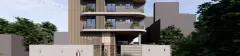 fachada frontal render Ondara Residence ripas madeira varandas curvas portaria entrada logo — Ondara em Canasvieiras, Florianópolis