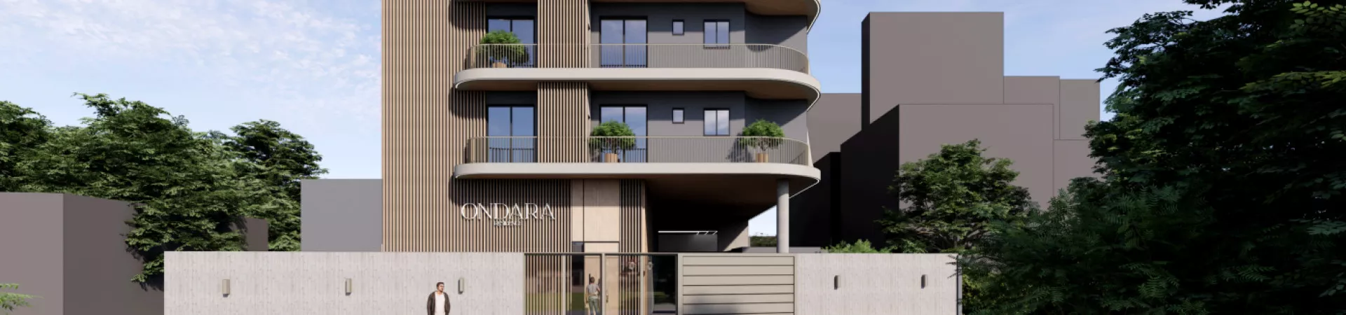 fachada frontal render Ondara Residence ripas madeira varandas curvas portaria entrada logo — Ondara em Canasvieiras, Florianópolis