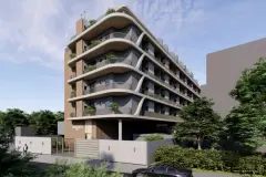 fachada lateral render varandas curvas onduladas revestimento madeira logo portaria árvores — Ondara em Canasvieiras, Florianópolis