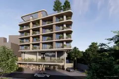 fachada render 7 andares varandas curvilíneas ripas madeira rooftop verde lojas térreo logo — Ondara em Canasvieiras, Florianópolis