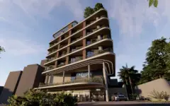 fachada render ângulo alternativo varandas curvilíneas ripas madeira rooftop verde lojas store — Ondara em Canasvieiras, Florianópolis