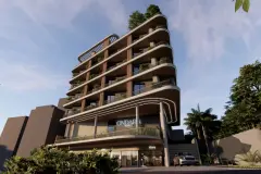 fachada render ângulo frontal varandas curvas ripas madeira rooftop verde logo store carro noturno — Ondara em Canasvieiras, Florianópolis