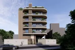 fachada render ângulo frontal principal varandas curvas ripas madeira entrada muro pedra casal — Ondara em Canasvieiras, Florianópolis