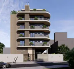 fachada render ângulo lateral alternativo varandas curvas ripas madeira entrada muro pedra casal rua — Ondara em Canasvieiras, Florianópolis
