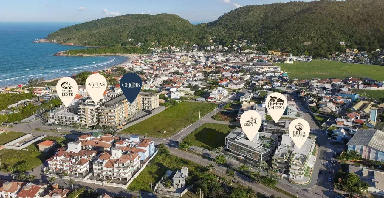 mapa aéreo localização Ondas do Leste bairro Barra da Lagoa praia balões Costa Leste Areias Jardins Brisa Aqua do Leste — Ondas do Leste em Barra da Lagoa, Florianópolis