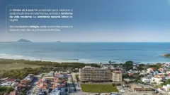 vista aérea fachada render edifício Ondas do Leste bairro praia Barra da Lagoa mar azul ilhas texto descritivo — Ondas do Leste em Barra da Lagoa, Florianópolis