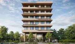 fachada render frontal 8 andares pilotis árvores entrada portaria vidro calçada pessoas carros — Ondas do Leste em Barra da Lagoa, Florianópolis
