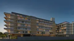 fachada render lateral noturno iluminado varandas vidro árvores jardim — Ondas do Leste em Barra da Lagoa, Florianópolis