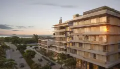 fachada render ângulo lateral varandas vidro pôr-do-sol mar ao fundo — Ondas do Leste em Barra da Lagoa, Florianópolis