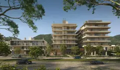 fachada render 2 blocos frontal Areias do Leste árvores rua carros calçada morro vegetação — Ondas do Leste em Barra da Lagoa, Florianópolis