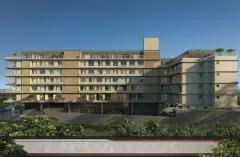 fachada render traseira morro vegetação garagem pilotis varandas vidro — Ondas do Leste em Barra da Lagoa, Florianópolis