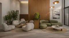 lobby hall sofás brancos bege poltronas curvas mesa café plantas parede ripas madeira quadro ondas pendente — Ondas do Leste em Barra da Lagoa, Florianópolis
