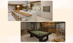colagem 2 fotos salão gourmet bancada mármore banquetas brancas e spotbar sinuca bancada bar madeira — Ondas do Leste em Barra da Lagoa, Florianópolis