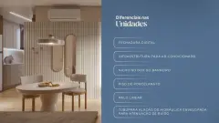 infográfico diferenciais unidades sala jantar mesa redonda cadeiras fechadura digital ar-condicionado nicho banheiro piso porcelanato ralo linear — Ondas do Leste em Barra da Lagoa, Florianópolis