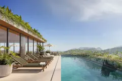 piscina rooftop borda infinita espreguiçadeiras madeira guarda-sol plantas teto jardim vertical vista montanhas — Óppera Smart Life em Campeche, Florianópolis