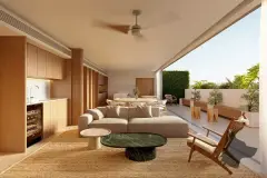 living integrado sofá bege mesa café verde poltronas madeira mesa jantar cozinha armários madeira varanda jardim — Óppera Smart Life em Campeche, Florianópolis