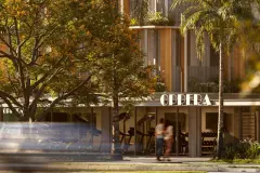 fachada detalhe portaria academia vitrine Óppera lojas térreo árvore ipê pedestres rua — Óppera Smart Life em Campeche, Florianópolis
