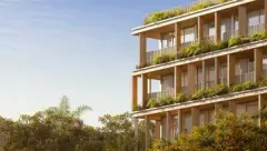 fachada detalhe ângulo lateral varandas ripas madeira jardins palmeira — Óppera Smart Life em Campeche, Florianópolis